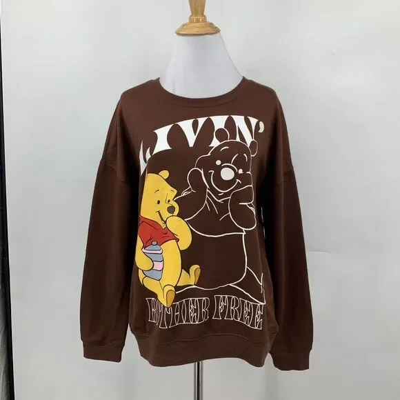 Disney Winnie The Pooh Sweater Womens S Brown Crew Neck Micro Fleece Pullover - Picture 2 of 12